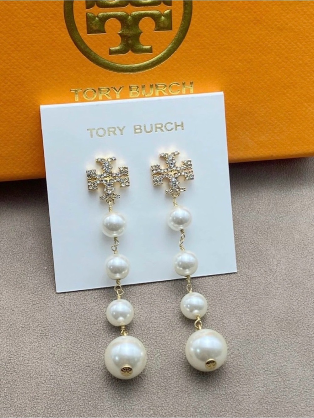 Tory Burch Gold-Tone Logo Drop Earrings with White Pearls